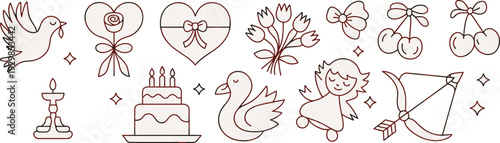 Cute, romantic, doodle, collection, love, symbols, heart, angel, bird, cake, bow, cupid, flower, cherry, outline, illustration, decorative, valentine, vector, set