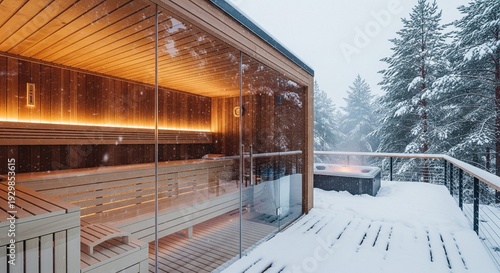 A glass-fronted modern sauna on a wooden deck surrounded by a snowy pine forest.