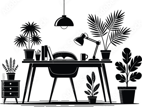 Home, office, workspace, interior, silhouette, desk, plants, furniture, study, room, modern, decor, lamp, chair, bookshelf, minimal, design, vector, illustration, setup