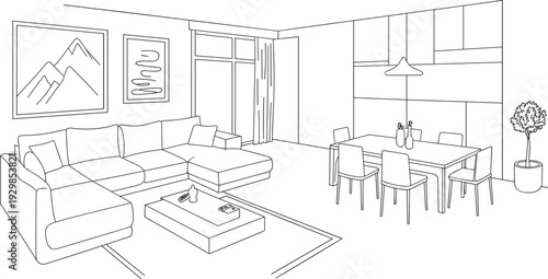 Modern, living, room, interior, outline, furniture, sofa, dining, table, home, apartment, design, architecture, lounge, minimal, decor, vector, illustration, residential, space