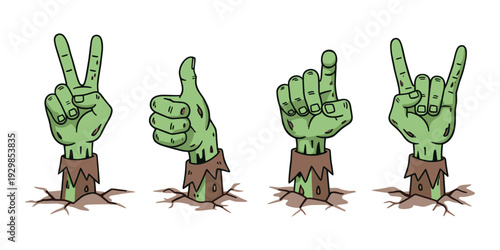 Zombie hands reaching up from cracked earth, showing human gestures of peace, approval, indication, and rock 'n' roll