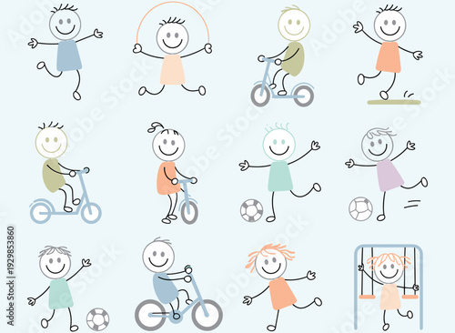 Kids, stick, figure, children, playing, activities, cycling, jumping, running, playground, happy, cartoon, doodle, illustration, playful, lifestyle, fun, vector, set, collection