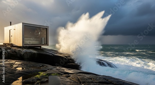 A modern, minimalist glass-walled sauna cabin perched on dark rocks as a massive ocean wave crashes violently against the shore under a stormy sky