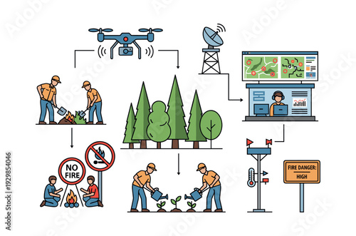 Forest fire prevention, monitoring, and management system, showing drone surveillance, detection, firefighting, and reforestation efforts