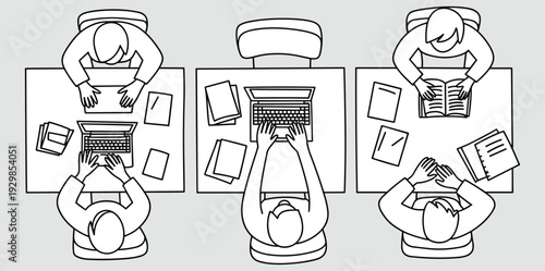 Students, studying, workspace, topview, education, learning, classroom, desk, laptop, reading, writing, teamwork, academic, study, illustration, outline, vector, school, collaboration, concept