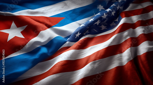 us flag and cuban flag waving together. relations between usa and cuba