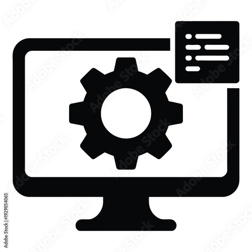 Computer with gear and code snippet, indicating software development or setup