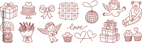 Valentine, love, doodle, icons, collection, romantic, gift, cake, cupid, angel, heart, present, outline, illustration, wedding, decorative, celebration, cute, vector, set