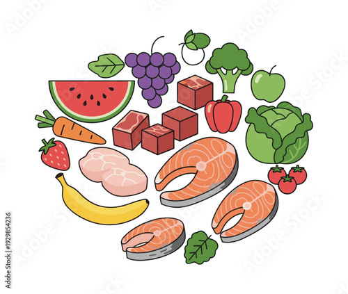 Circular illustration of various healthy foods, including fresh produce, proteins, and seafood, promoting nutrition and wellness