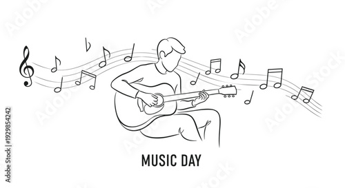 Vector illustration of man playing guitar on Music Day with musical notes