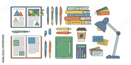 Organizing essential work and study supplies including notebooks, pens, books, tablet, calculator, and desk lamp