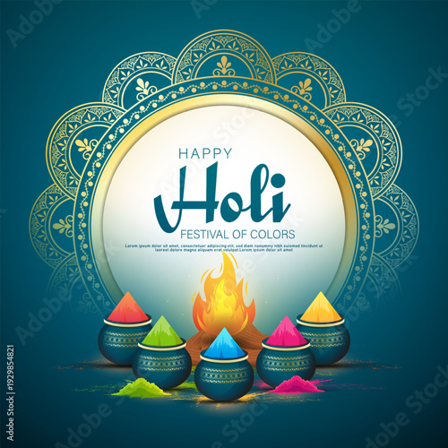 Happy Holi Festival Poster Template Design With Pichkari And Powder Color Bowls. Hindu Festival Of Colors - Holi.