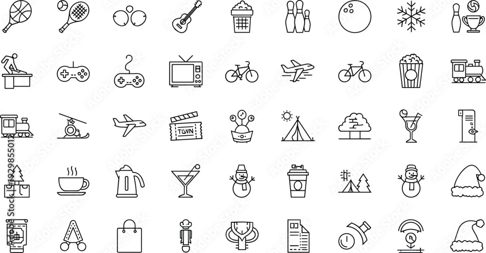 Naklejka premium Black and white lifestyle line icon set featuring travel transportation winter holiday sports leisure entertainment food drink and hobby symbols