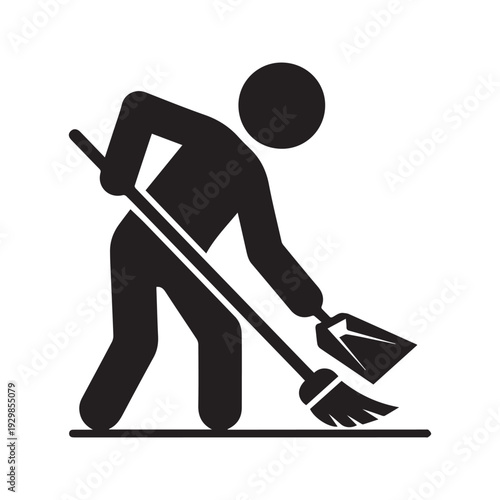 Cleaner sweeping floor silhouette icon. Janitor with broom and dustpan symbol vector. Cleaning service pictogram.
