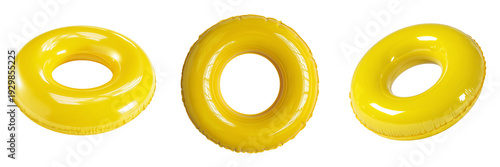 Set of Bright yellow inflatable swim ring floating in clean water transparent png background. Ai generated