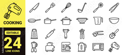 Kitchen tools and appliances icon set with knives, utensils, cookware, graters, peelers, blenders, toasters, coffee makers, and essential kitchen ranking symbols in clean modern line‑art style
