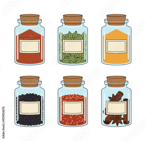 Glass jars filled with a variety of dried spices and herbs, including powder, leaves, whole peppercorns, and cinnamon sticks