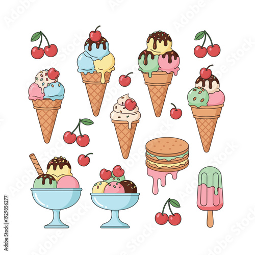 Variety of frozen desserts such as ice cream scoops in cones and cups, a big ice cream sandwich, and a popsicle