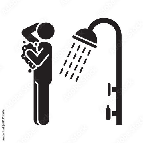 Person taking shower silhouette icon. Man washing body with soap under showerhead vector symbol. Bathing and daily hygiene sign.
