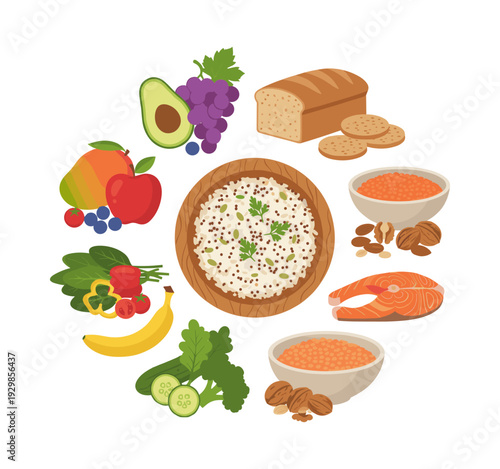 Various food groups providing essential nutrients arranged in a circle, representing a healthy balanced diet for good nutrition