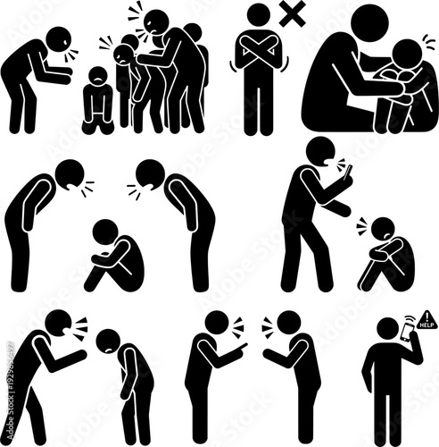 Bullying Harassment and Conflict Stick Figure Vector Illustration Set