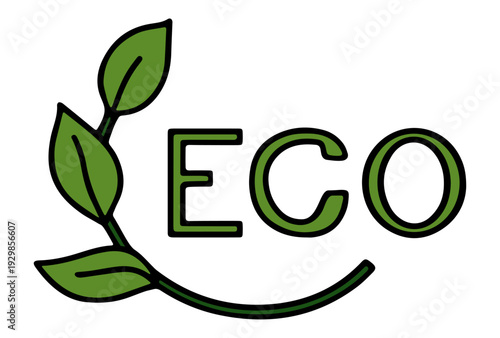 Eco icon with green branch. Hand written capital letters vector elements 