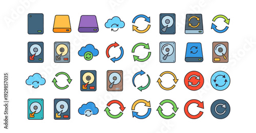 Collection of computer hardware icons showing data backup, recovery, and synchronization for cloud storage, hard drives, and external disks