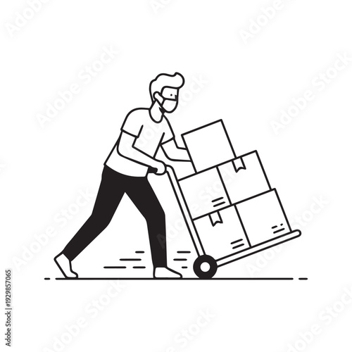 Delivery worker wearing face mask pushing hand truck loaded with boxes. Black and white line art vector illustration of logistics courier moving packages.
