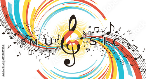 Vector music logo with colorful swirls and notes