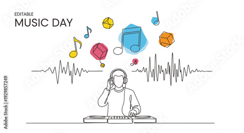 Editable Music Day vector illustration of DJ with sound wave and music icons
