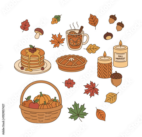 Autumn fall harvest season items with pumpkins, apples, cranberries, pancakes, pie, hot beverage, acorns, and colorful leaves