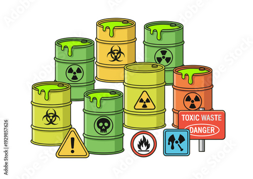 Barrels containing toxic waste and hazardous materials, featuring warning signs for biohazard, radiation, and danger of contamination