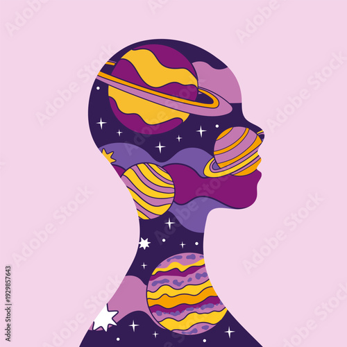 Self knowledge, meditation, mental health, inner self. Abstract human head in profile with space. Creative spiritual and mindfulness concept