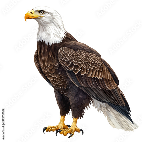 Bald Eagle, refined watercolor illustration with luminous tones and soft layered brushwork, isolated on a white background.