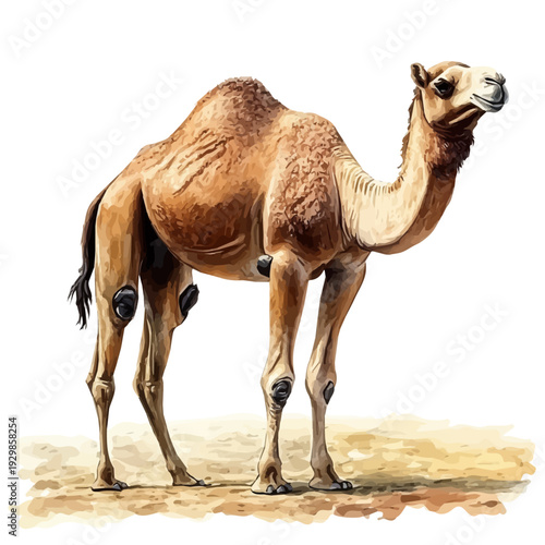 watercolor of Bactrian Camel illustration, isolated on a white background.