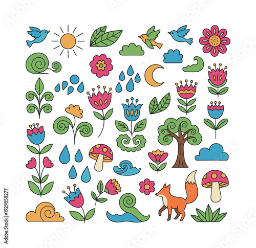 Collection of doodle-style woodland elements with flora and fauna illustrations for spring and summer nature concepts