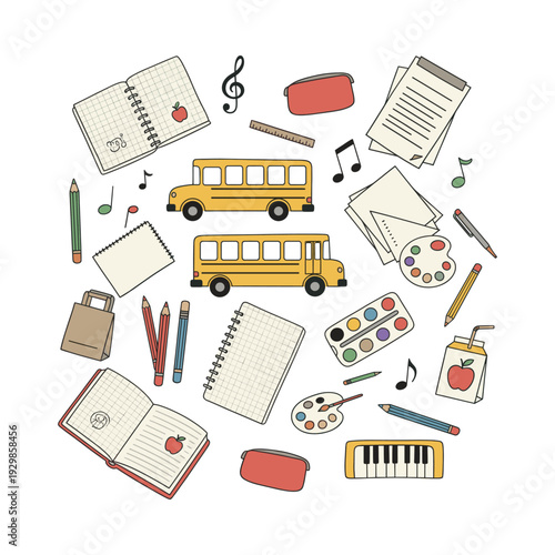 Arranging school supplies, educational items, and art tools creating a learning background