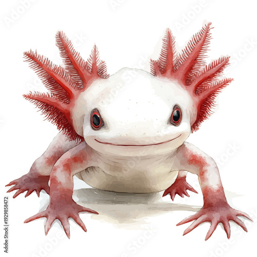 Axolotl, refined watercolor illustration with luminous tones and soft layered brushwork, isolated on a white background.