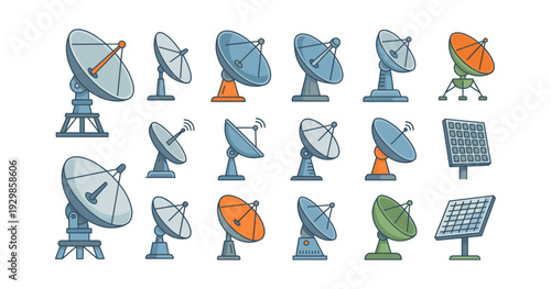 Assortment of satellite dishes, antennas, and solar panels showcasing worldwide connectivity, broadcasting, and sustainable power solutions