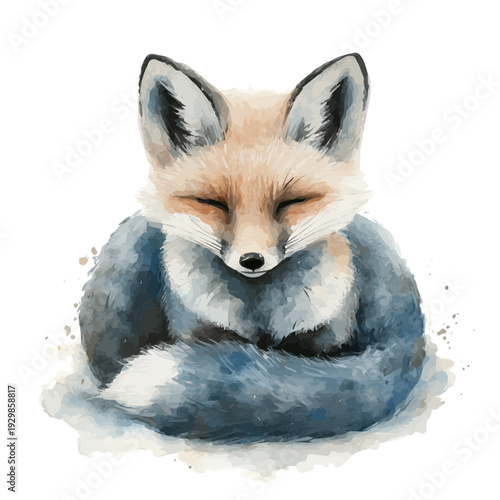 Arctic Fox, refined watercolor illustration with luminous tones and soft layered brushwork, isolated on a white background.