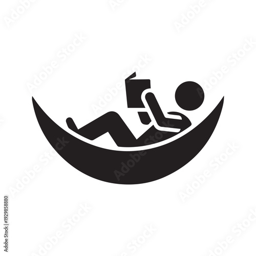Person reading book in hammock silhouette icon. Man relaxing and resting vector symbol. Summer vacation leisure pictogram.
