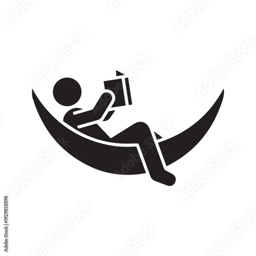 Person reading book in hammock silhouette icon. Man relaxing and resting vector symbol. Summer vacation leisure pictogram.
