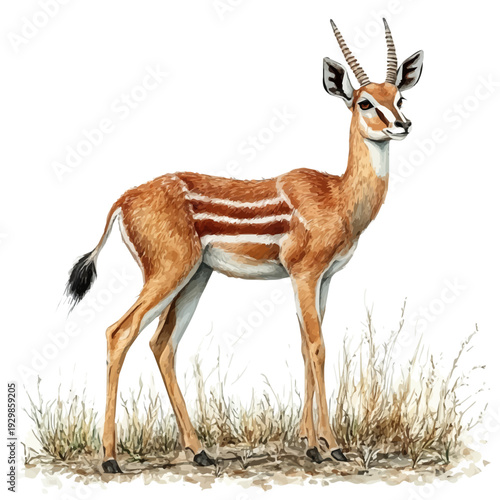 Antelope, refined watercolor illustration with luminous tones and soft layered brushwork, isolated on a white background.