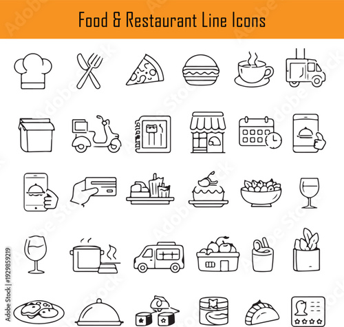 Food and Restaurant Services Minimal Thin Line Vector Icons Set on White Background