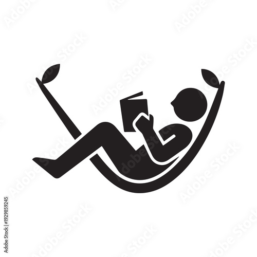 Person reading book in hammock silhouette icon. Man relaxing and resting vector symbol. Summer vacation leisure pictogram.
