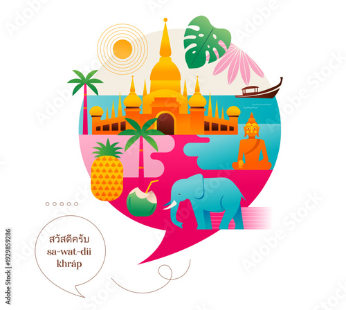 Thailand attractions, landmarks and symbols colorful icons collection.