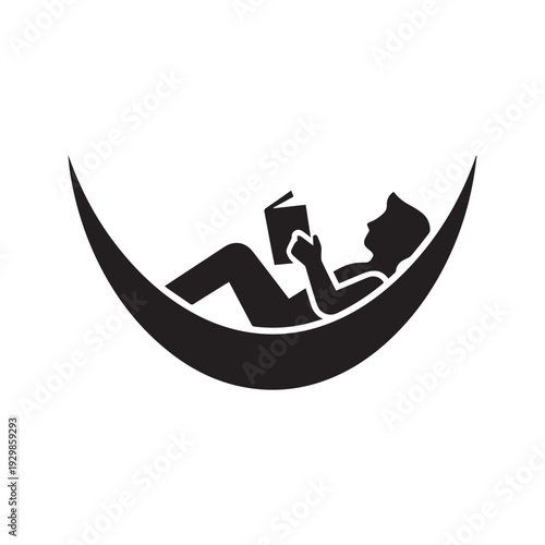 Person reading book in hammock silhouette icon. Man relaxing and resting vector symbol. Summer vacation leisure pictogram.

