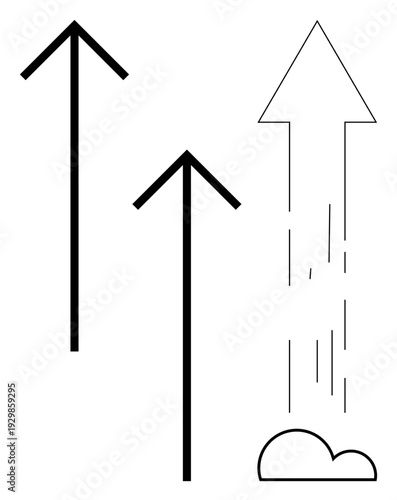 Growth and achievement, business success, motivation, progress, upward movement, career advancement. Three arrows with dynamic elements including speed lines and a cloud base. Growth and progress
