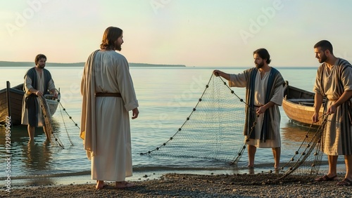 Jesus Christ, divine mentor, calls dedicated fishermen, his first apostles, inspiring them to forsake their nets, become spiritual fishers of men, serving God’s Kingdom