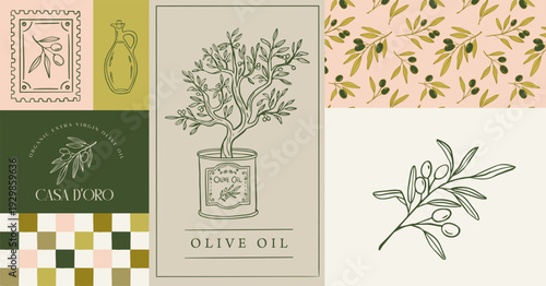 Vintage hand drawn olive oil labels, badges, logos and backgrounds